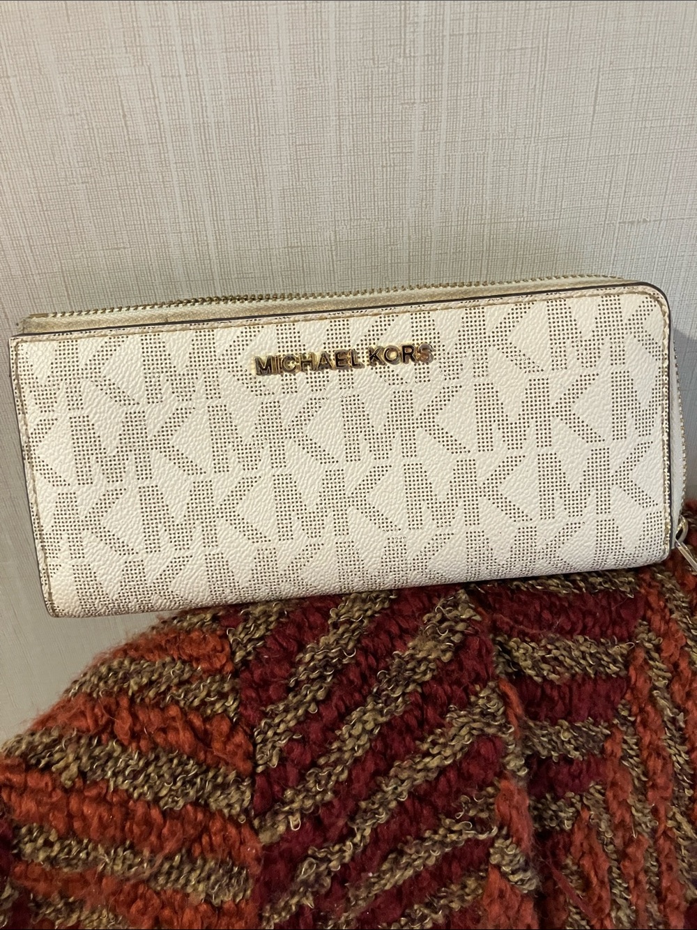 Michael Kors Cream Signature Zip-Around Wallet with Gold Logo